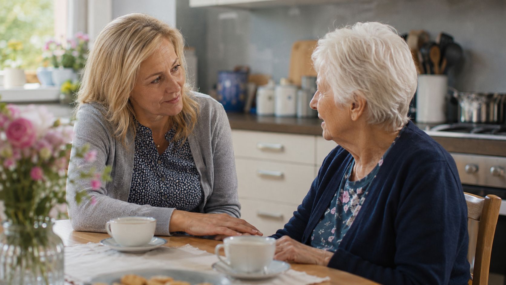 Alltagsbegleiterin sitzt mit Seniorin am Esstisch